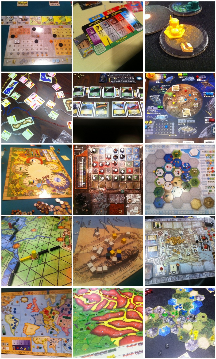 Collage of photographs of a few of the boardgames played this year